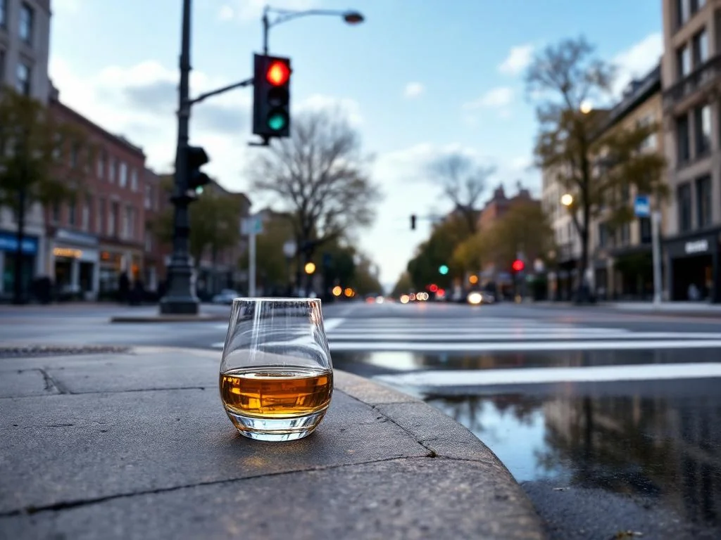 Un Chauffard ivre grille un feu rouge avec un verre de whisky à la main